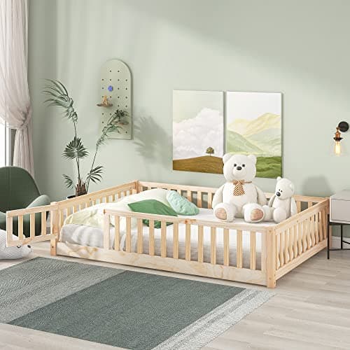 i-POOK Montessori Twin Floor Bed for Children, Sturdy Wood Frame with Fence & Door, Natural