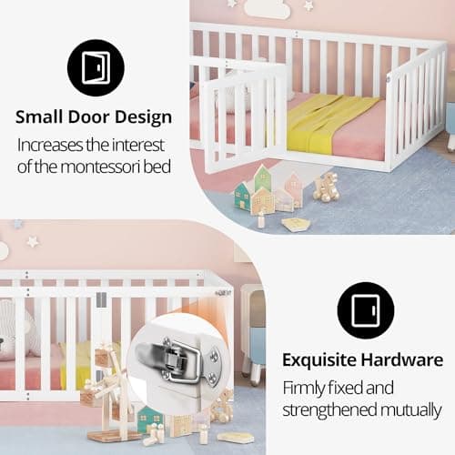 Multifunctional Montessori Floor Bed for Kids with Safety Guardrails, Solid Wood Frame, White