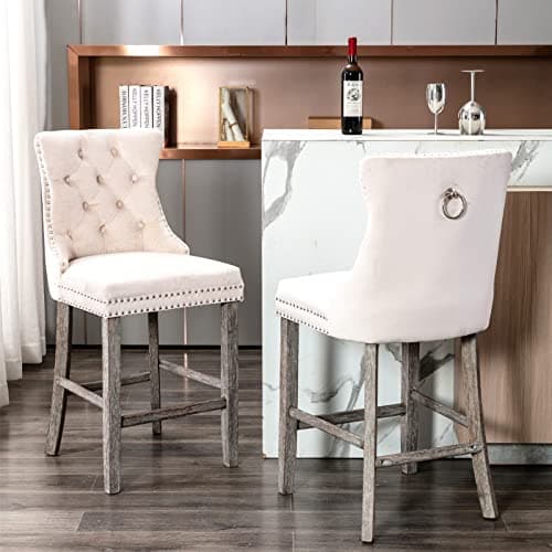 Velvet Bar Stools Set of 2, Beige, Counter Height