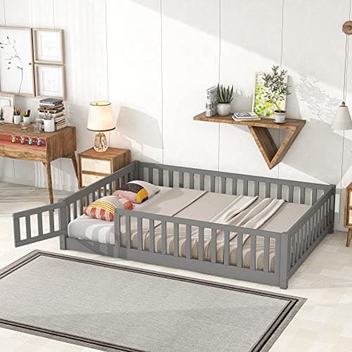 Multifunctional Montessori Floor Bed for Kids with Safety Guardrails, Solid Wood Frame, White
