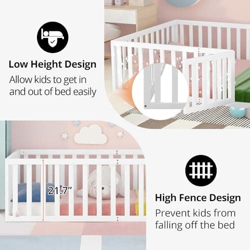 Multifunctional Montessori Floor Bed for Kids with Safety Guardrails, Solid Wood Frame, White