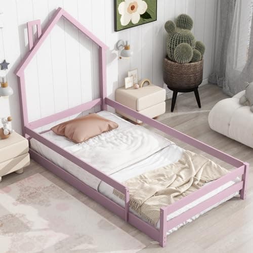 Wooden Montessori Twin Floor Bed with House-Shaped Headboard and Fence Guardrails, Pink