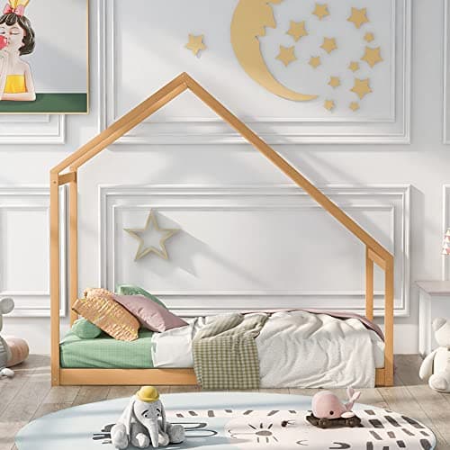 Wooden House Twin Bed Frame for Boys and Girls Bedroom with Roof and Box Spring-Less Support