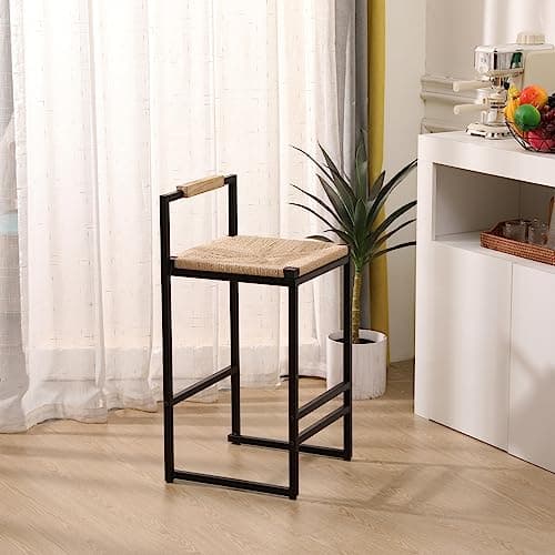 Metal Bar Stools Set of 2 with Woven Seat and Back, Counter Height Chairs for Kitchen Island, Dining Room in Beige