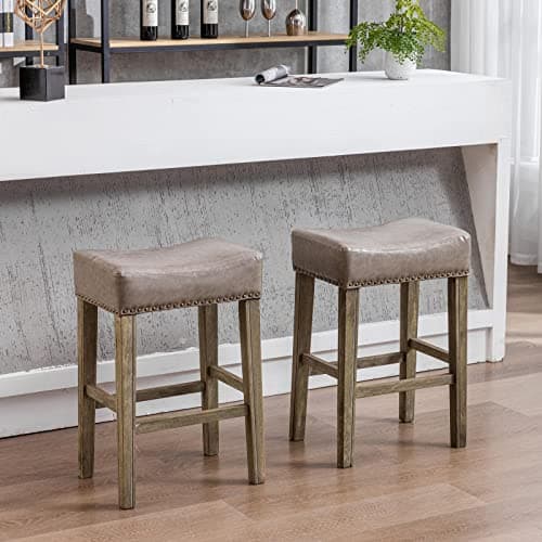 Farmhouse Bar Stools Set of 2, Gray PU Leather Upholstered Saddle Stools