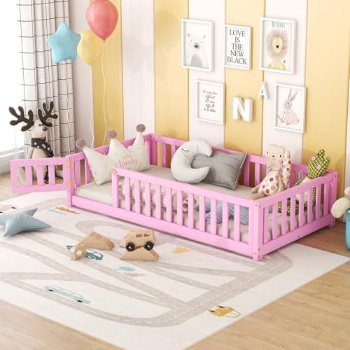 Wood Montessori Twin Floor Bed with Rails for Kids, Boys, Girls