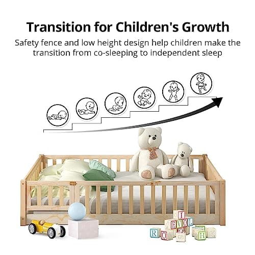 i-POOK Montessori Twin Floor Bed for Children, Sturdy Wood Frame with Fence & Door, Natural