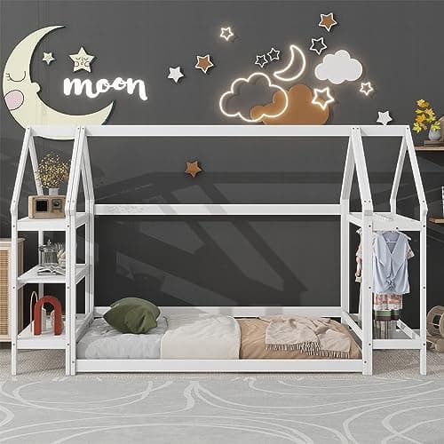 Wooden Montessori Twin Size Floor Bed with Roof Frame and Detachable Stands - White House-Shaped Tent Bed for Children