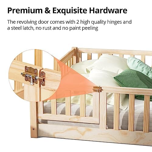 i-POOK Montessori Twin Floor Bed for Children, Sturdy Wood Frame with Fence & Door, Natural