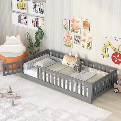 Solid Wood Twin Floor Bed with Door, Fence, Slats, and Guardrails for Kids - Gray