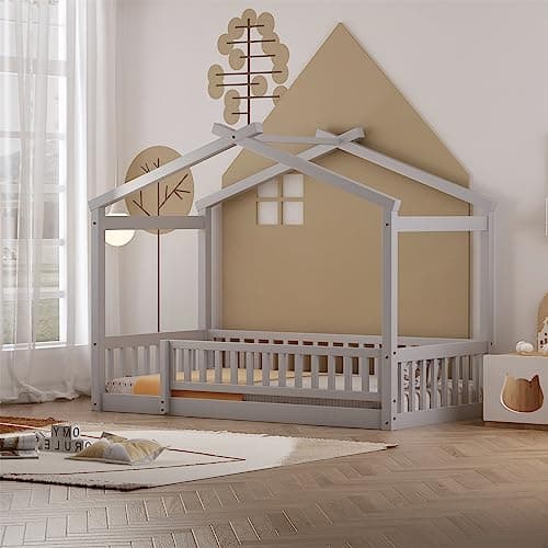 Solid Wood Montessori Floor Bed Frame for Kids with Roof and Guardrails, Gray