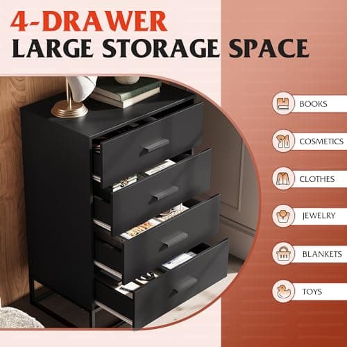 Wood Dresser with 4 Drawers for Bedroom and Living Room, Black