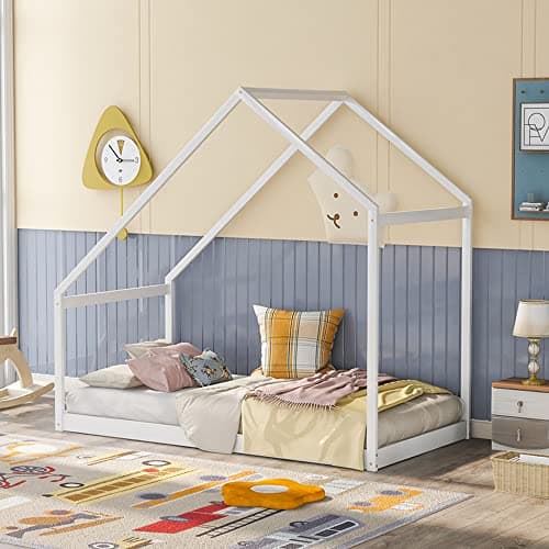 Wooden House Twin Bed Frame for Boys and Girls Bedroom with Roof and Box Spring-Less Support