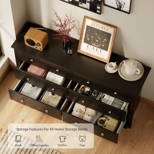 6 Drawer Wood Dresser for Bedroom and Living Room (Black)