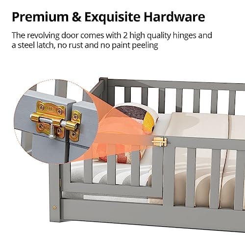 Montessori Twin Floor Bed for Children, Sturdy Wood Frame with Fence & Door, Gray