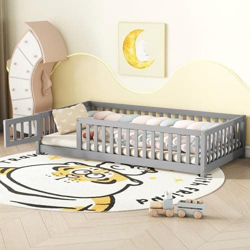 Wood Montessori Twin Floor Bed with Rails for Kids, Boys, Girls