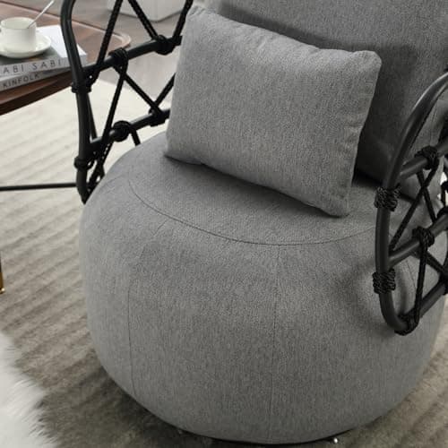 Round Swivel Chair with Back and Pillows, Linen Club Chair for Bedroom and Living Room