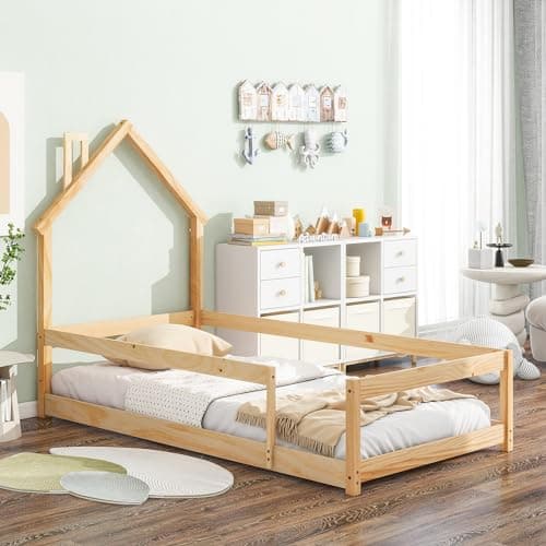 Solid Wood Montessori Twin Floor Bed for Children Boys Girls