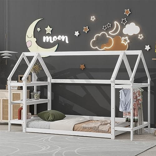 Wooden Montessori Twin Size Floor Bed with Roof Frame and Detachable Stands - White House-Shaped Tent Bed for Children