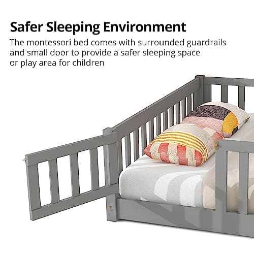 Montessori Twin Floor Bed for Children, Sturdy Wood Frame with Fence & Door, Gray
