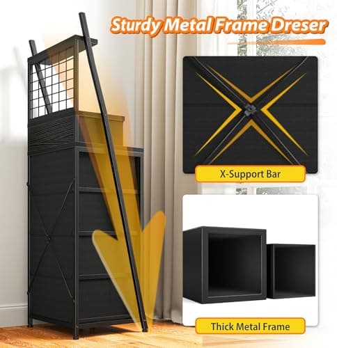 Tall Black Vertical Dresser with LED Lights for Bedroom