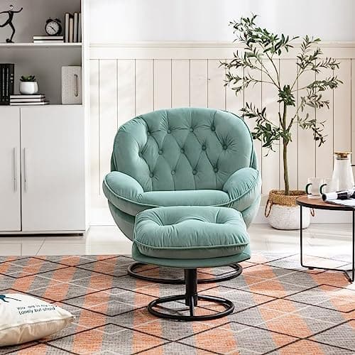 Modern Velvet Swivel Accent Chair with Ottoman in Teal