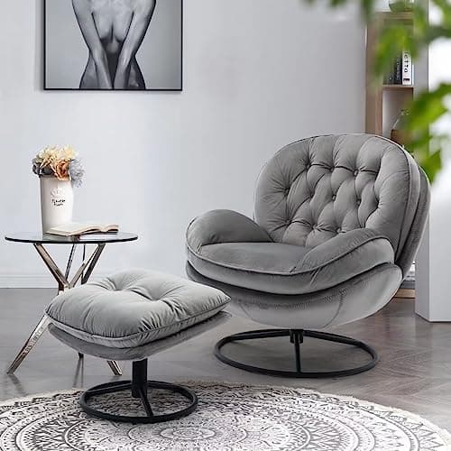Modern Velvet Swivel Accent Chair with Ottoman in Teal