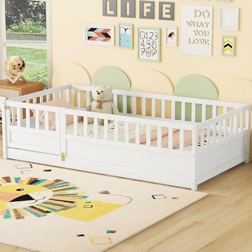 Gray Montessori Twin Size Floor Bed with High Fence, Door and Slats for Kids