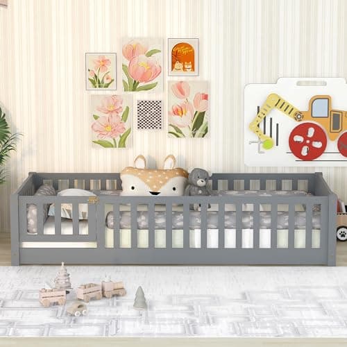 Solid Wood Twin Floor Bed with Door, Fence, Slats, and Guardrails for Kids - Gray