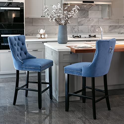 Velvet Bar Stools Set of 2, Beige, Counter Height