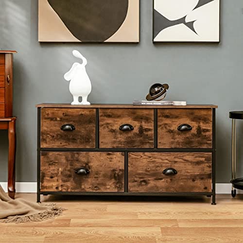 Rustic 5-Drawer Dresser with Fabric Bins and Steel Frame for Bedroom or Living Room - Brown