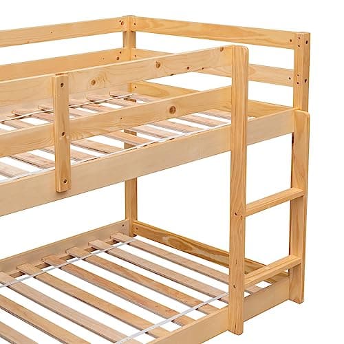 Low Bunk Bed with Guardrails and Ladder for Children Boys Girls, Montessori Style, No Box Spring Needed