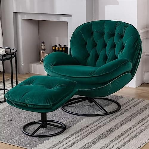 Modern Velvet Swivel Accent Chair with Ottoman in Teal