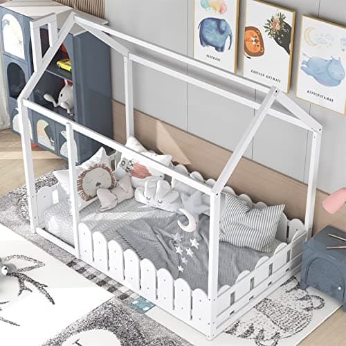 White Montessori Twin House Bed Frame with Fence