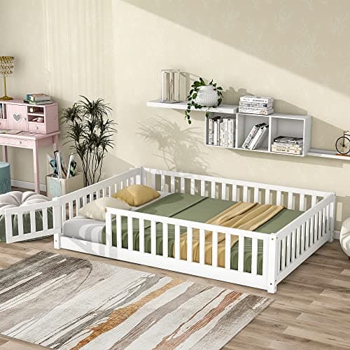 Multifunctional Montessori Floor Bed for Kids with Safety Guardrails, Solid Wood Frame, White
