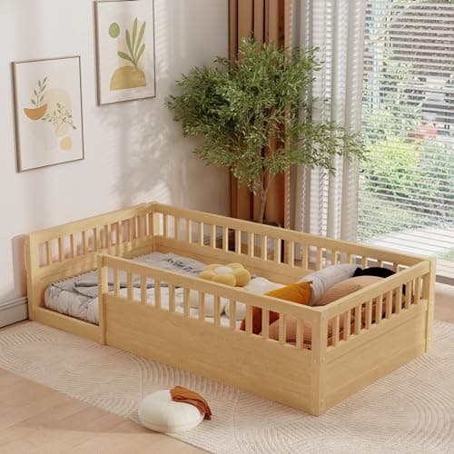 Wood Montessori Twin Floor Bed with Rails for Kids, Boys, Girls