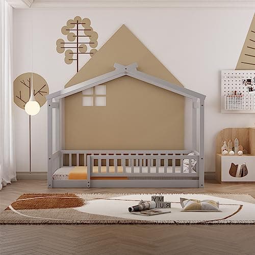 Solid Wood Montessori Floor Bed Frame for Kids with Roof and Guardrails, Gray