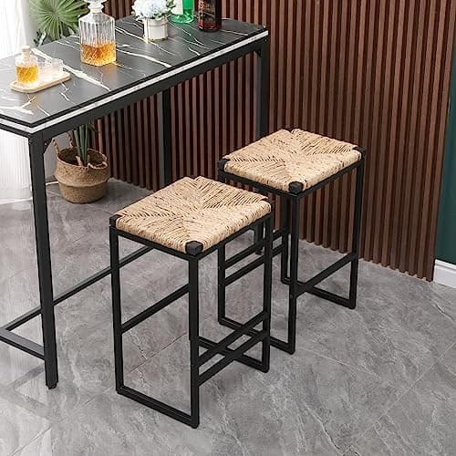 Metal Bar Stools Set of 2 with Woven Seat and Footrest