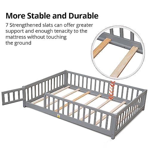 Montessori Twin Floor Bed for Children, Sturdy Wood Frame with Fence & Door, Gray