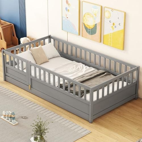 Wood Montessori Twin Floor Bed with Rails for Kids, Boys, Girls