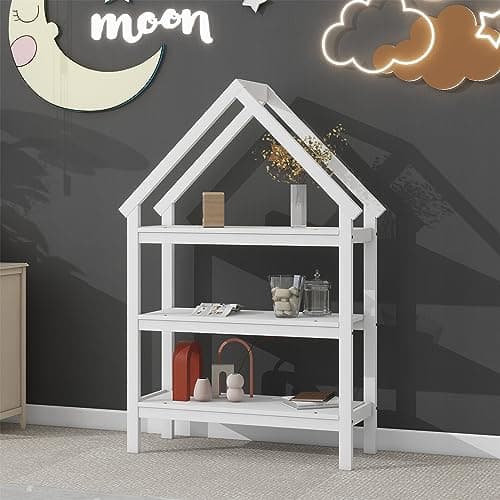 Wooden Montessori Twin Size Floor Bed with Roof Frame and Detachable Stands - White House-Shaped Tent Bed for Children
