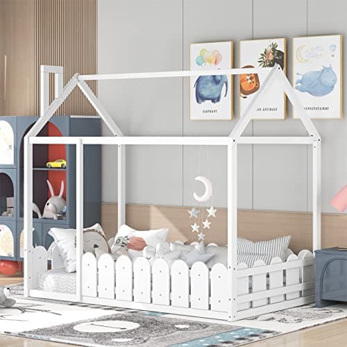 White Montessori Twin House Bed Frame with Fence
