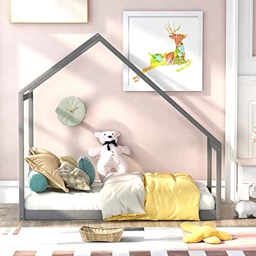 Wooden House Twin Bed Frame for Boys and Girls Bedroom with Roof and Box Spring-Less Support