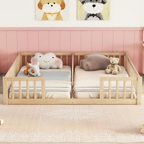 i-POOK Double Twin Bed Frames with Fence for Kids