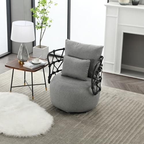 Round Swivel Chair with Back and Pillows, Linen Club Chair for Bedroom and Living Room