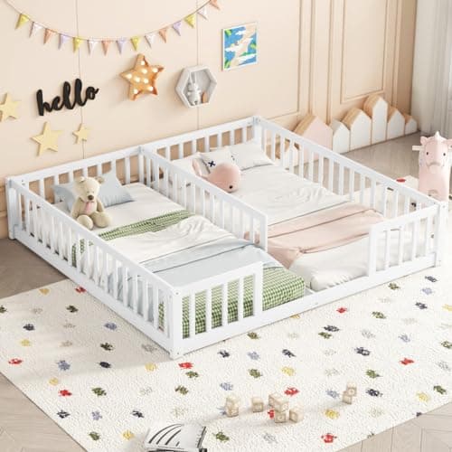 i-POOK Double Twin Bed Frames with Fence for Kids