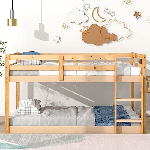 Low Bunk Bed with Guardrails and Ladder for Children Boys Girls, Montessori Style, No Box Spring Needed