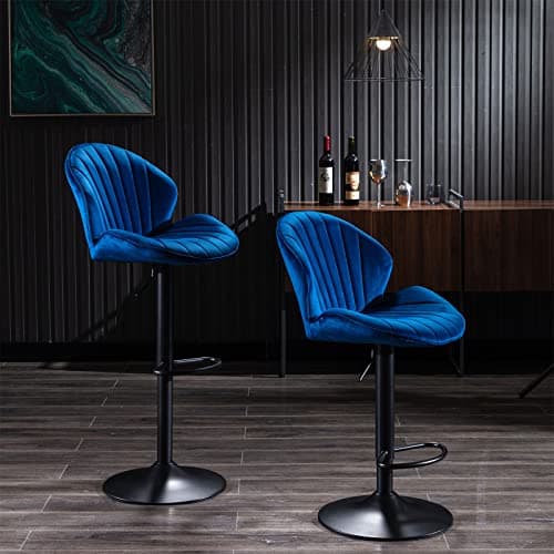 Blue Velvet Swivel Bar Stools Set of 2 with Adjustable Height and Metal Base