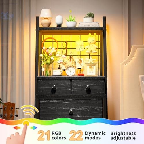 Tall Black Vertical Dresser with LED Lights for Bedroom