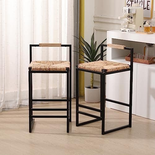 Metal Bar Stools Set of 2 with Woven Seat and Back, Counter Height Chairs for Kitchen Island, Dining Room in Beige